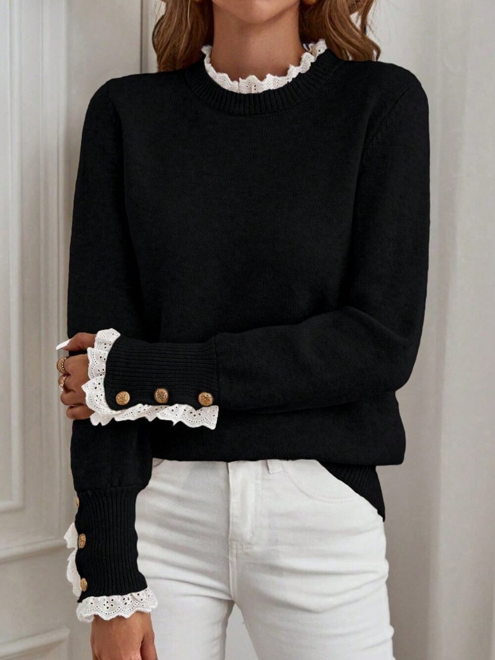 Black Women's Casual Lace Trim Round Neck Long Sleeve Sweater